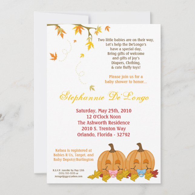 Invitation 5x7 Automne Leaves TWIN TWINS Baby shower Invitati (Devant)