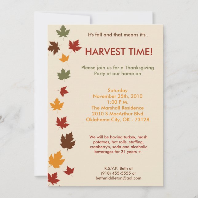 Invitation 5x7 Automne Quitte la récolte Thanksgiving Invitat (Devant)