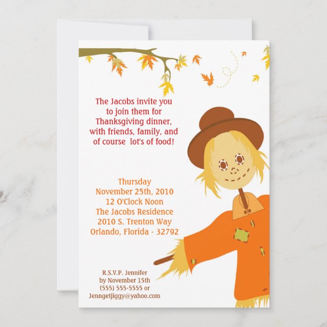 Invitation 5x7 Automne Scarecrow Thanksgiving Party Invitatio (Devant)