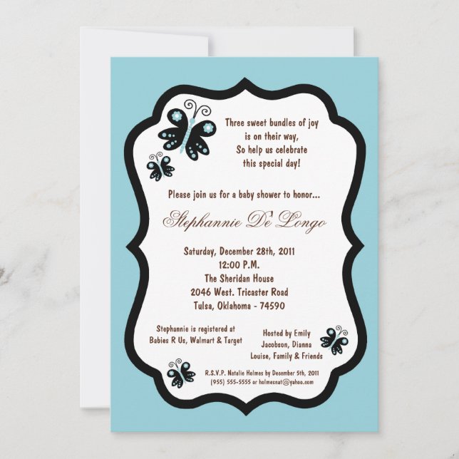 Invitation 5x7 Baby shower à papillon bleu clair (Devant)
