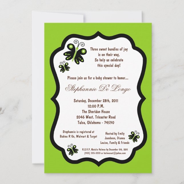 Invitation 5x7 Baby shower à papillon vert électrique (Devant)