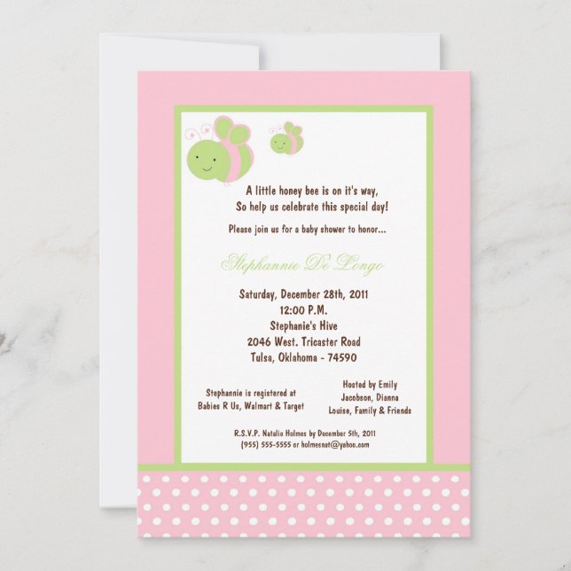 Invitation 5x7 Baby shower d'abeilles de miel rose pâle (Devant)