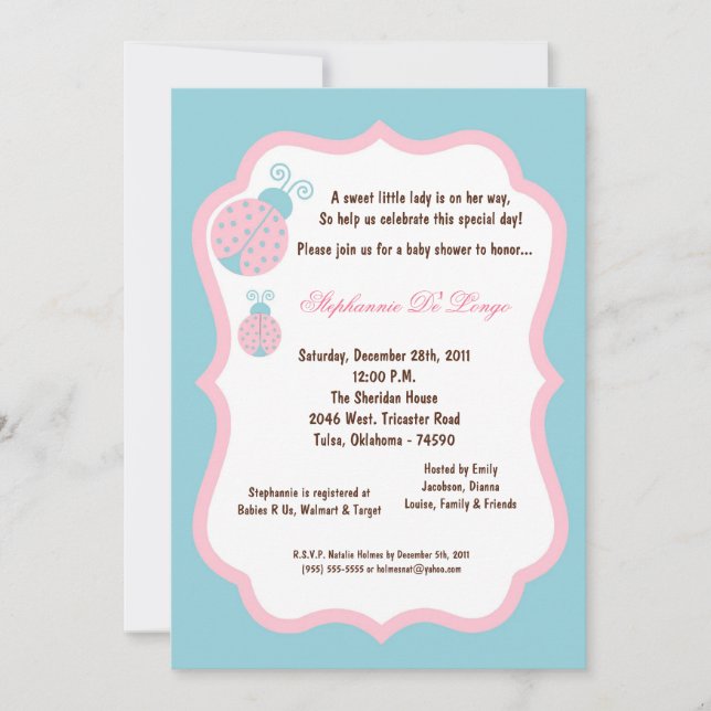 Invitation 5x7 Baby shower de bug bleu clair Lady (Devant)