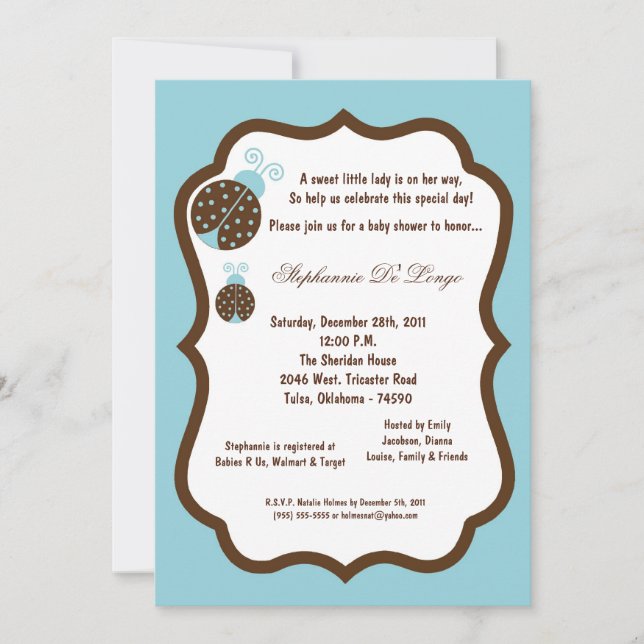 Invitation 5x7 Baby shower de bug bleu clair Lady (Devant)