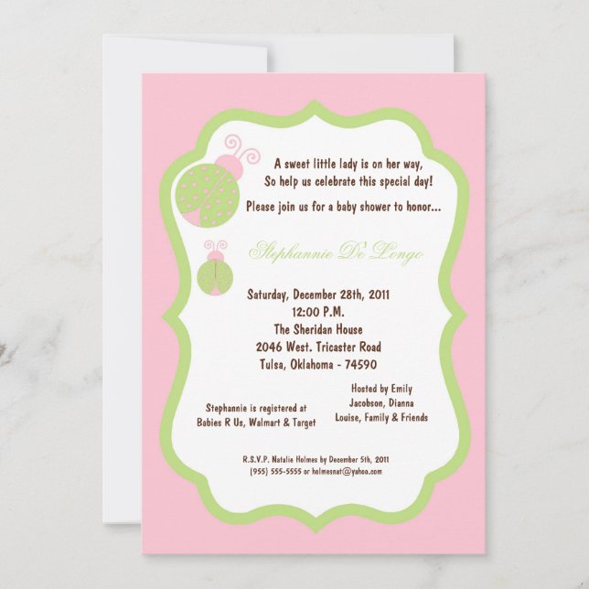 Invitation 5x7 Baby shower de bug rose pâle (Devant)