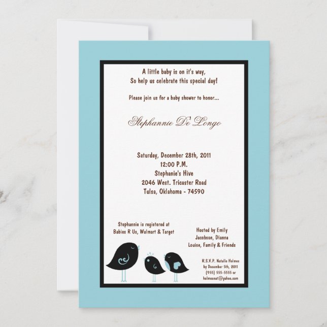 Invitation 5x7 Baby shower d'oiseaux bleu clair (Devant)