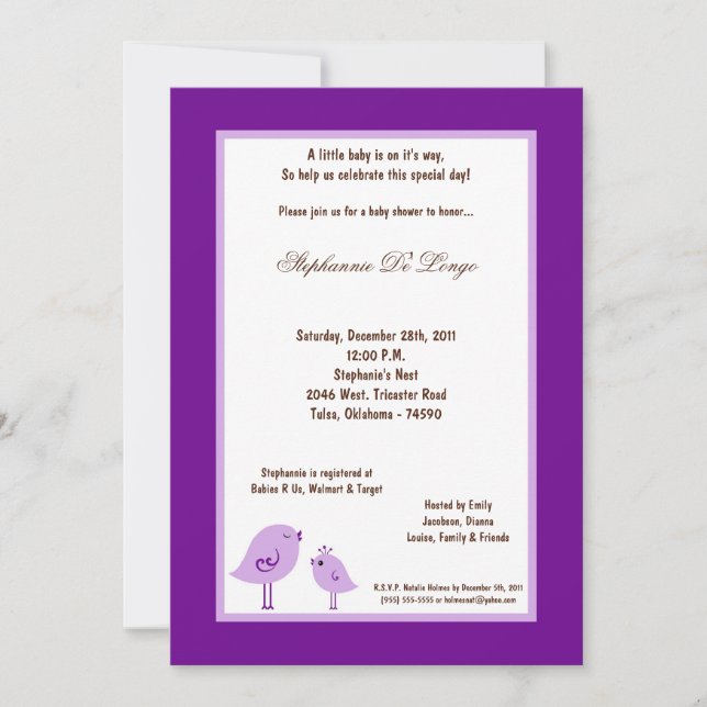 Invitation 5x7 Baby shower d'oiseaux violets foncés (Devant)