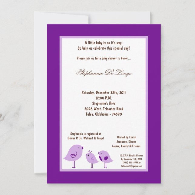 Invitation 5x7 Baby shower d'oiseaux violets foncés (Devant)