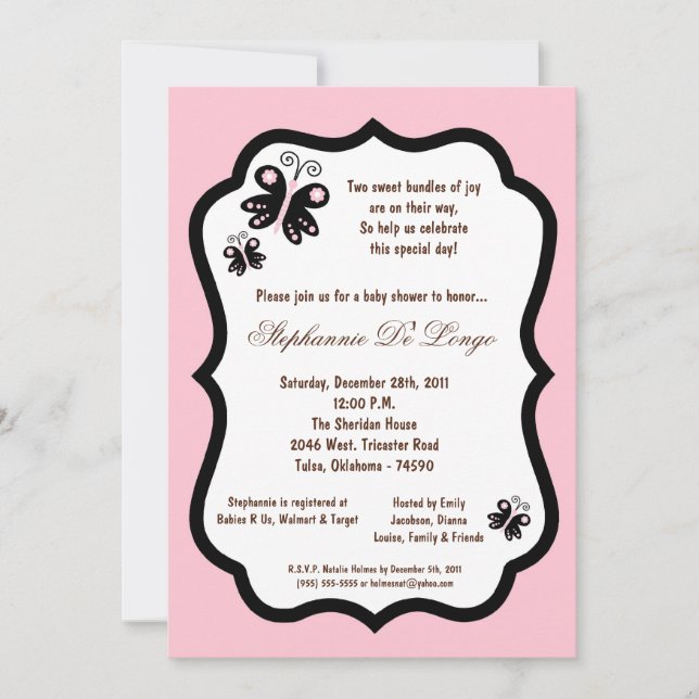 Invitation 5x7 Baby shower papillon rose pâle (Devant)