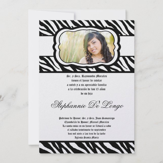Invitation 5x7 Blac Zebra Imprimer Patter Quinceanera Invitat (Devant)