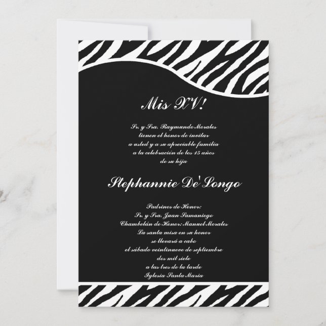 Invitation 5x7 Black and White Zebra Quinceanera Party Invite (Devant)