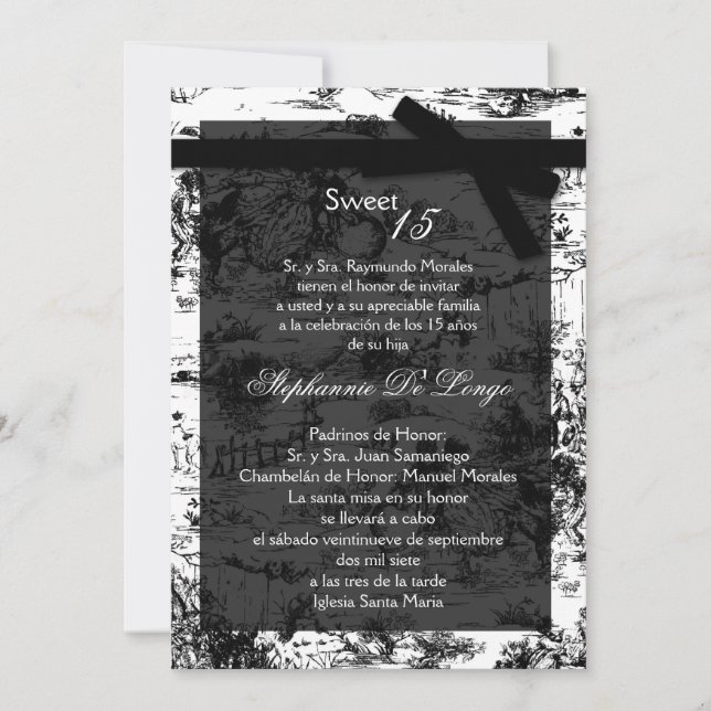 Invitation 5x7 Black Toile Fabric Quinceanera Party Invitatio (Devant)