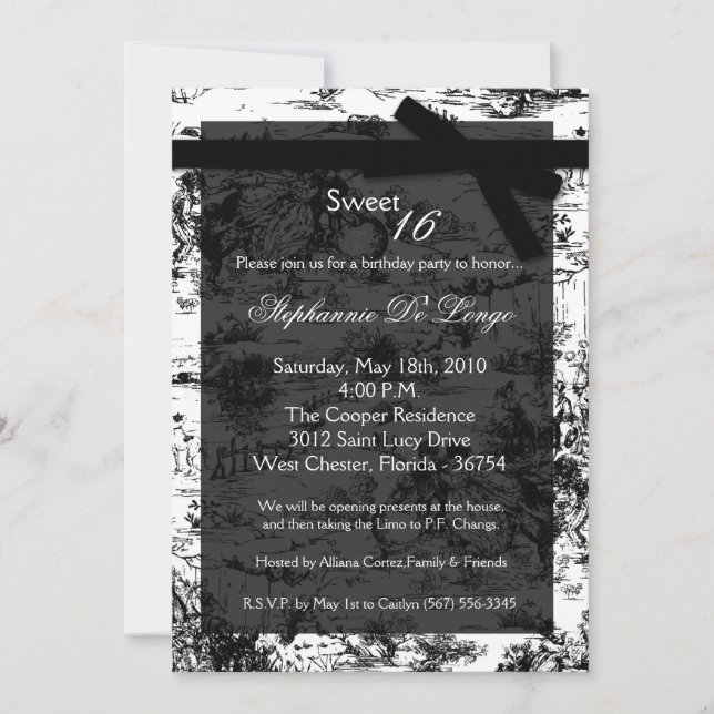 Invitation 5x7 Black ToileFabric Sweet 16 Anniversaire Invita (Devant)