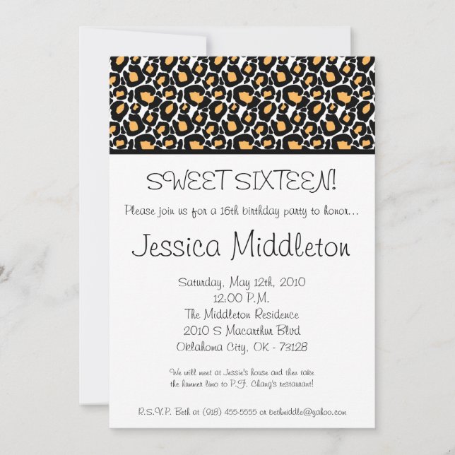 Invitation 5x7 Black White Cheetah 16e anniversaire Invitatio (Devant)