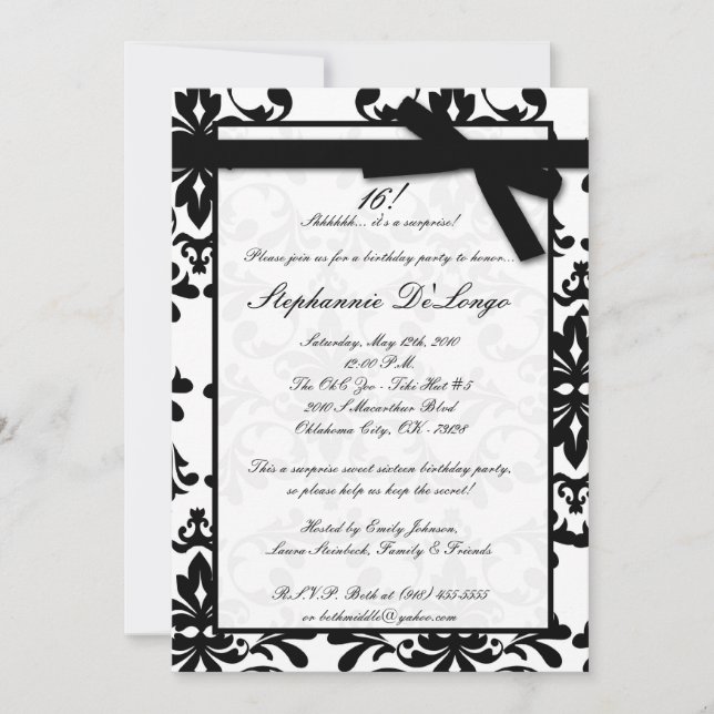 Invitation 5x7 Black White Damas Sweet 16 Anniversaire Invita (Devant)