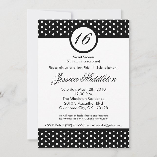 Invitation 5x7 Black White Polka Dot 16e anniversaire Invitat (Devant)