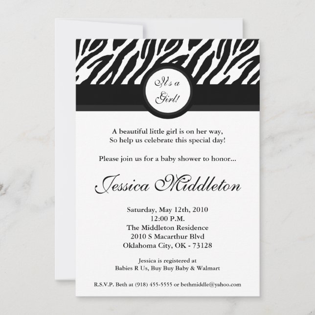 Invitation 5x7 Black White Zebra Imprimer Baby shower Invitat (Devant)