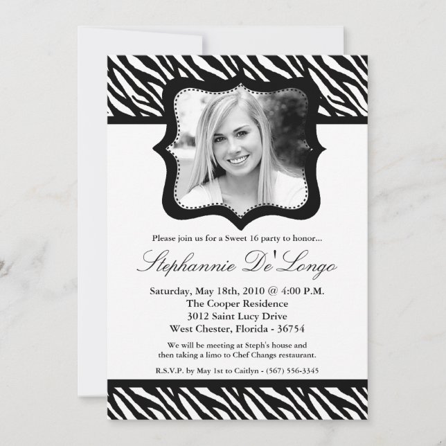 Invitation 5x7 Black Zebra PHOTO Sweet 16 Anniversaire Invita (Devant)