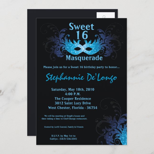 Invitation 5x7 Blue Masquerade Sweet 16 Anniversaire Invitati (Devant / Derrière)