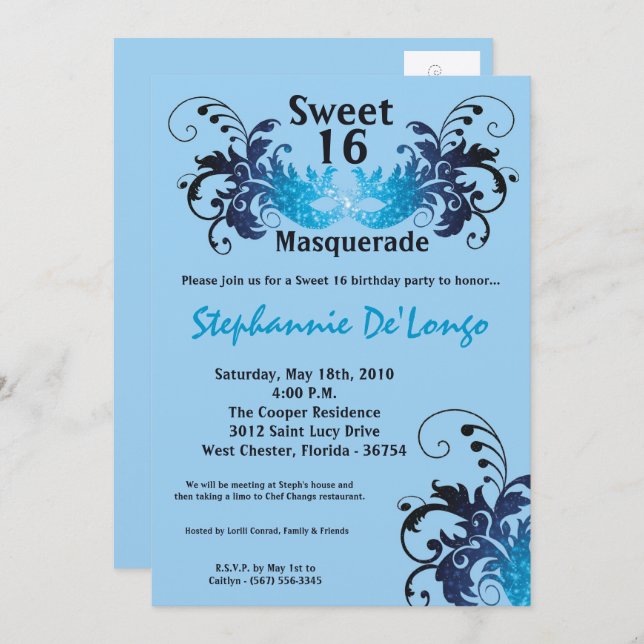 Invitation 5x7 Blue Masquerade Sweet 16 Anniversaire Invitati (Devant / Derrière)