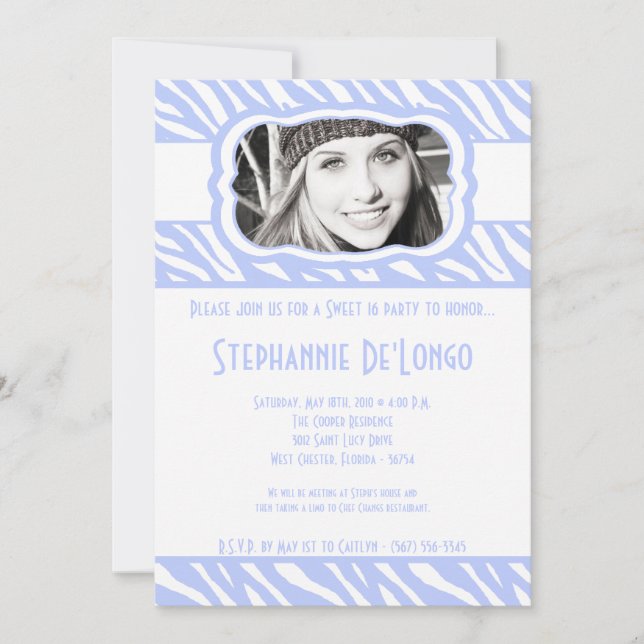 Invitation 5x7 Blue Zebra PHOTO Sweet 16 Anniversaire Invitat (Devant)