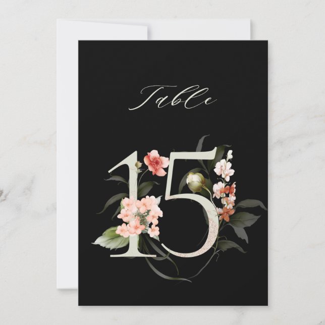 Invitation 5x7 Botanical Floral Number 15, Black Table Number (Devant)