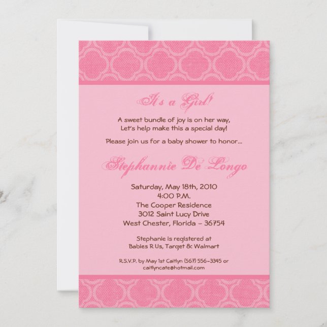 Invitation 5x7 Bubblegum Damask Imprimer Baby shower Invitati (Devant)
