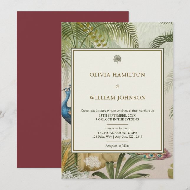 Invitation 5x7 Burgandy Tropical Peacock Mariage (Devant / Derrière)