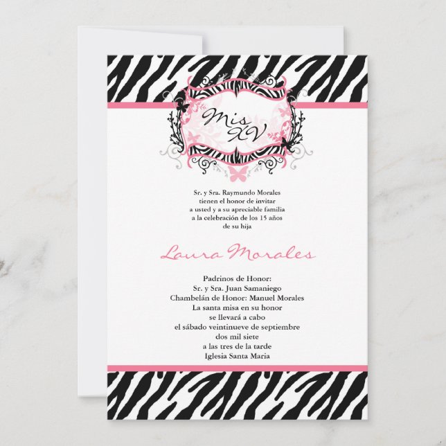 Invitation 5x7 Butterfly Zebra Imprimer Quinceanera Invitatio (Devant)