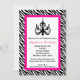 Invitation 5x7 Chandelier rose Zebra 16e anniversaire Invitat