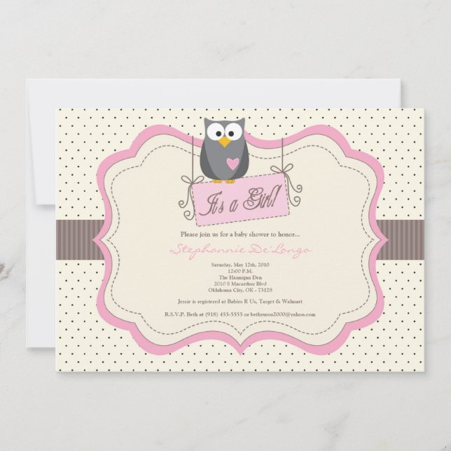 Invitation 5x7 Chouette rose Bois Baby shower (Devant)