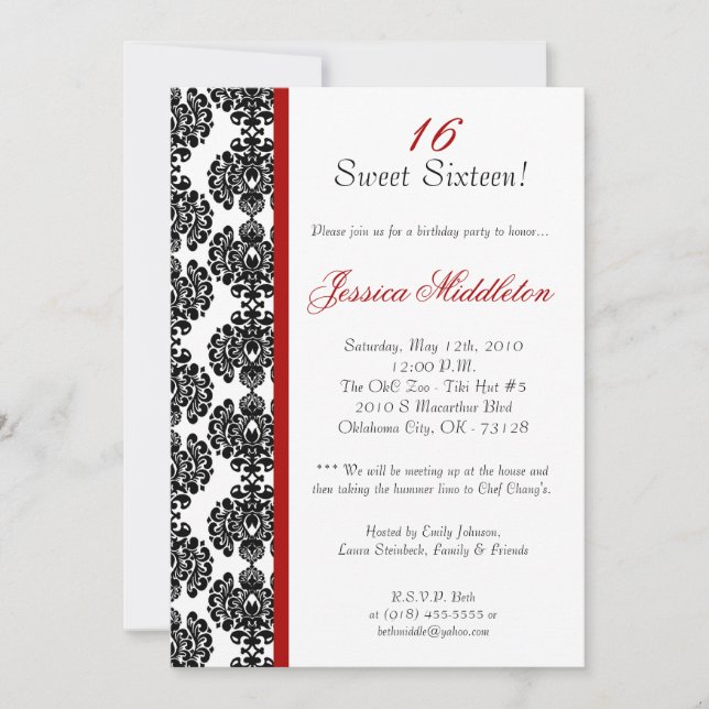 Invitation 5x7 Crimson Red Damask Anniversaire Party Invitati (Devant)