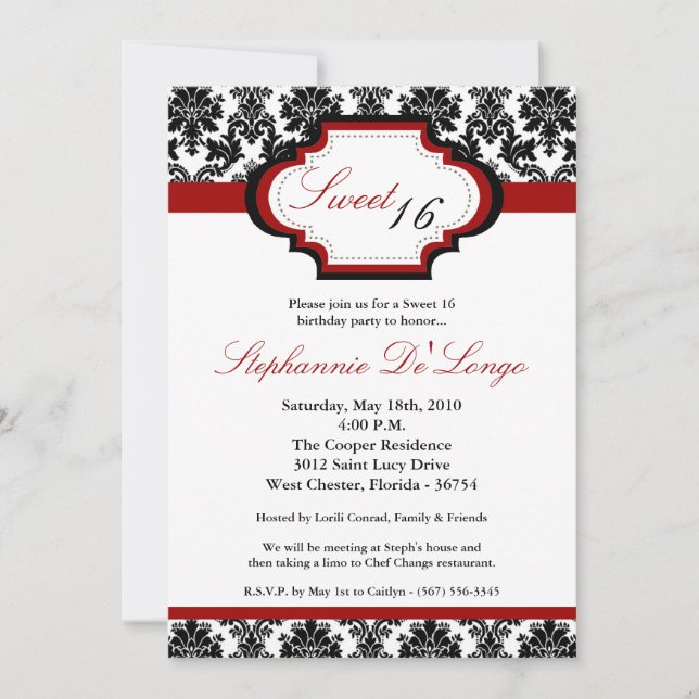 Invitation 5x7 CrimsonRed Damask Sweet 16 Anniversaire Invita (Devant)