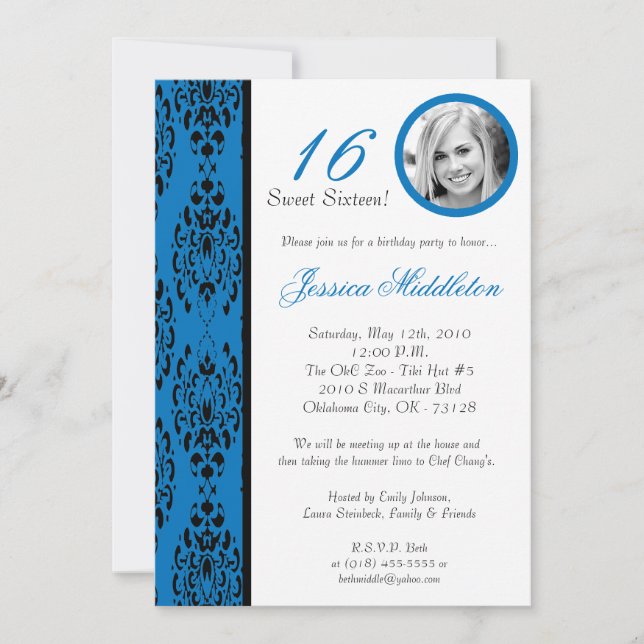 Invitation 5x7 Dark Blue Damask 16 Anniversaire Fête Invitati (Devant)