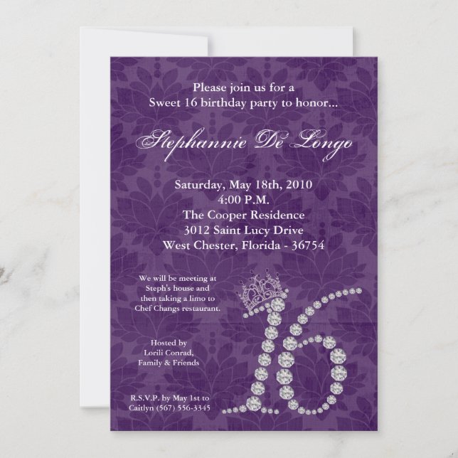 Invitation 5x7 Diamond Amethyst Sweet 16 Anniversaire Invitat (Devant)