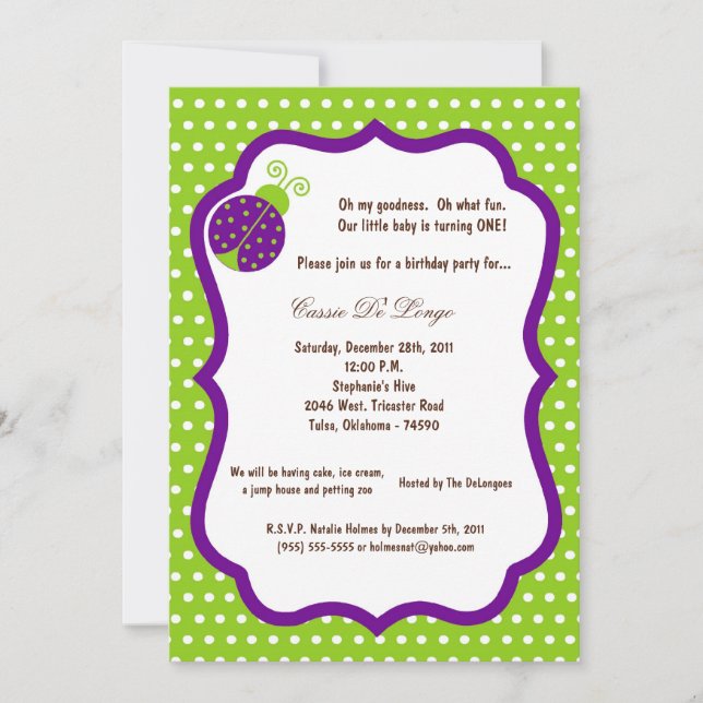Invitation 5x7 Electric Green Lady Bug Anniversaire Invitatio (Devant)