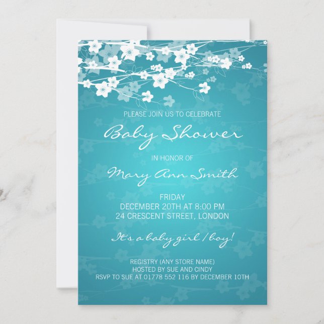 Invitation 5x7 Élégant Baby shower cerisier en fleurs turquoi (Devant)