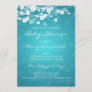 Invitation 5x7 Élégant Baby shower cerisier en fleurs turquoi