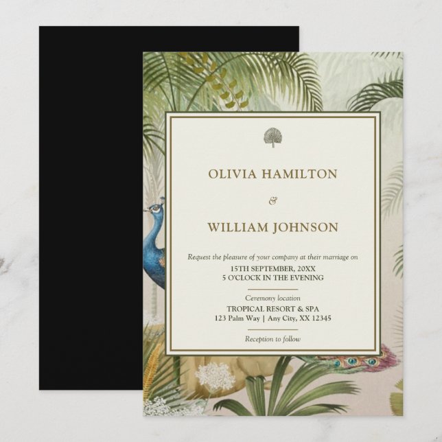Invitation 5x7 Élégant noir Tropical Peacock Mariage (Devant / Derrière)