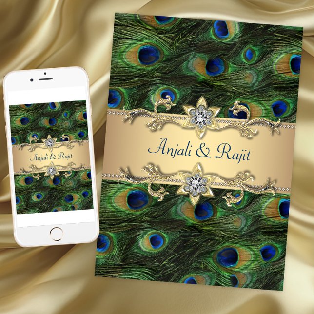 Invitation 5x7 Émeraude Vert Élégant Paon Mariage (Emerald Green Elegant Peacock Wedding invitation. Instant download and printed invitations available)