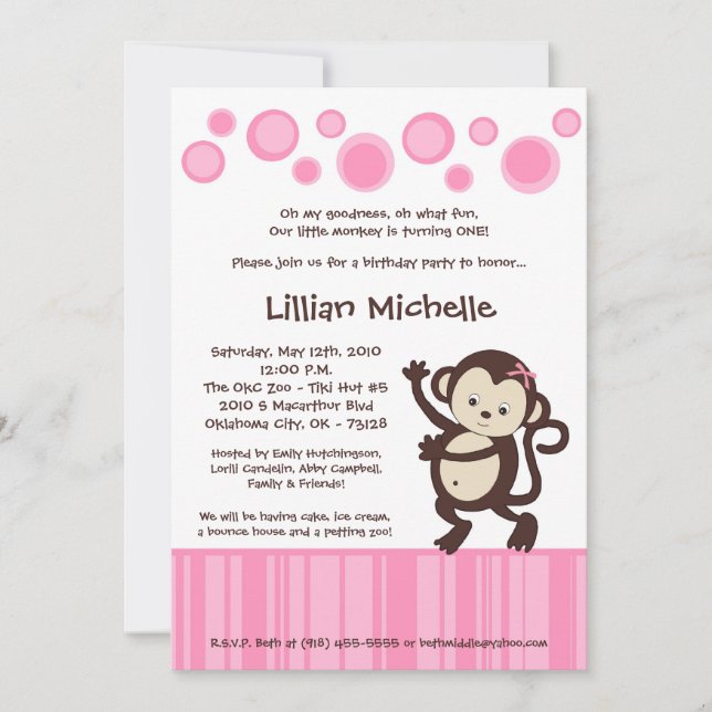 Invitation 5x7 Fille Pop Rose Danse du singe Anniversaire Inv (Devant)