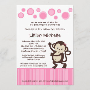 Invitation 5x7 Fille Pop Rose Danse du singe Anniversaire Inv