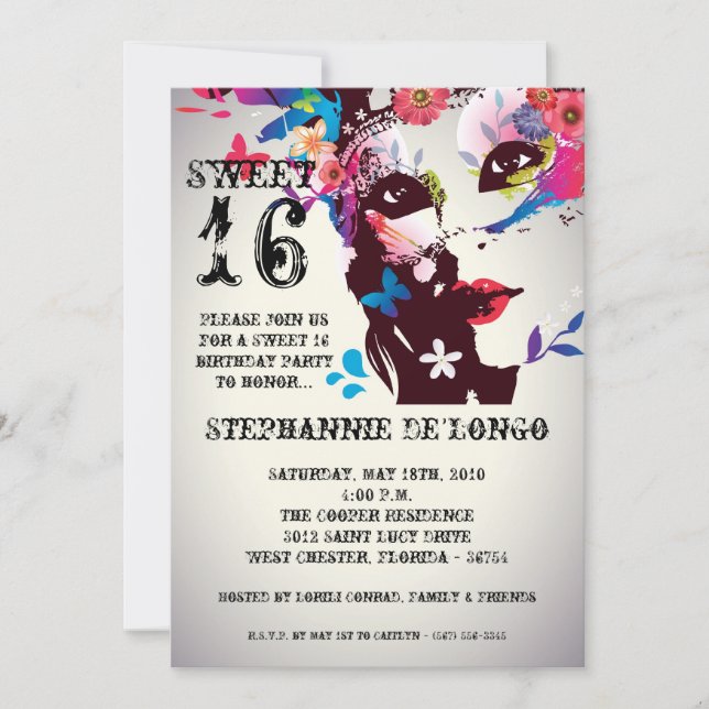 Invitation 5x7 Floral Masquerade Sweet 16 Anniversaire Invita (Devant)