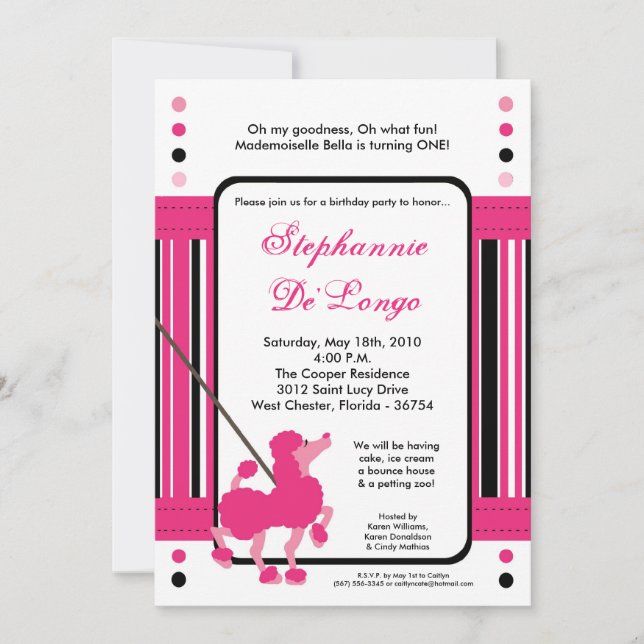 Invitation 5x7 French Pink Poodle Anniversaire Fête Invitatio (Devant)