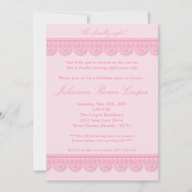 Invitation 5x7 Girl Pink Lace Trim Anniversaire Fête Invitati (Devant)