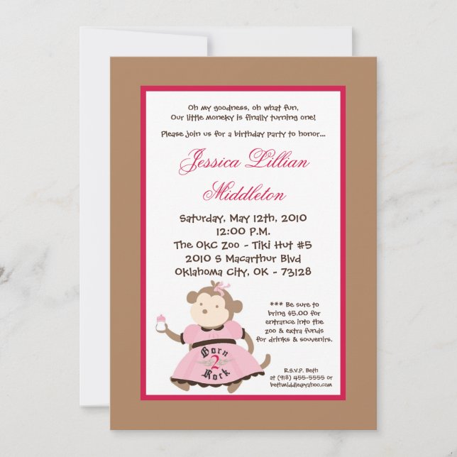 Invitation 5x7 Girl Rocker Monkey Anniversaire Fête Invitatio (Devant)