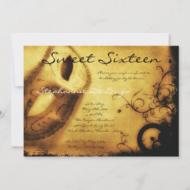 Invitation 5x7 Gold Masquerade Sweet 16 Anniversaire Invitati (Devant)