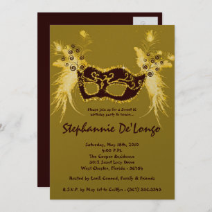 Invitation 5x7 Gold Masquerade Sweet 16 Anniversaire Invitati