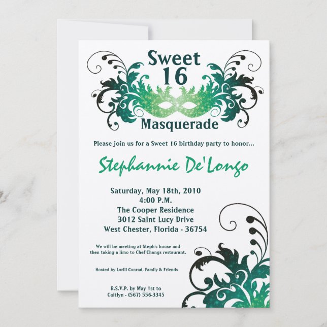 Invitation 5x7 Green Masquerade Sweet 16 Anniversaire Invitat (Devant)