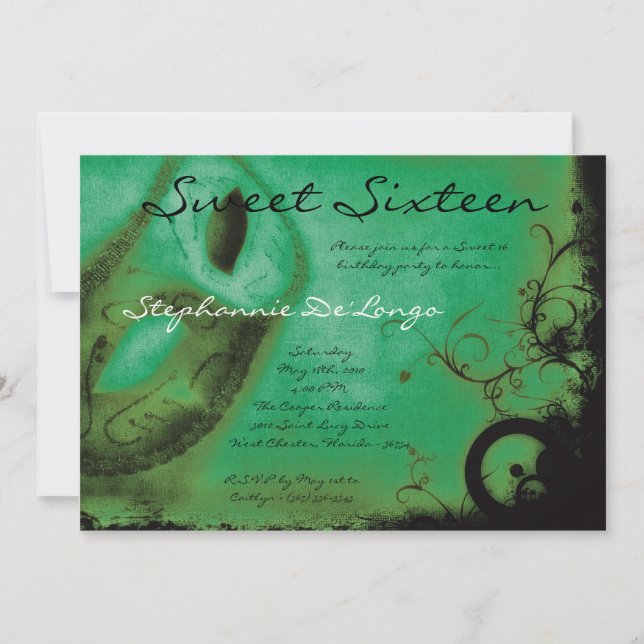 Invitation 5x7 Green Masquerade Sweet 16 Anniversaire Invitat (Devant)